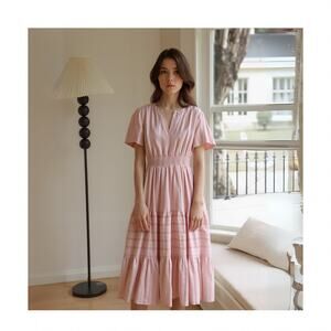 Pink Cotton Prairie Dress | Cottagecore Midi | Ruffle Hem Boho Style | Large